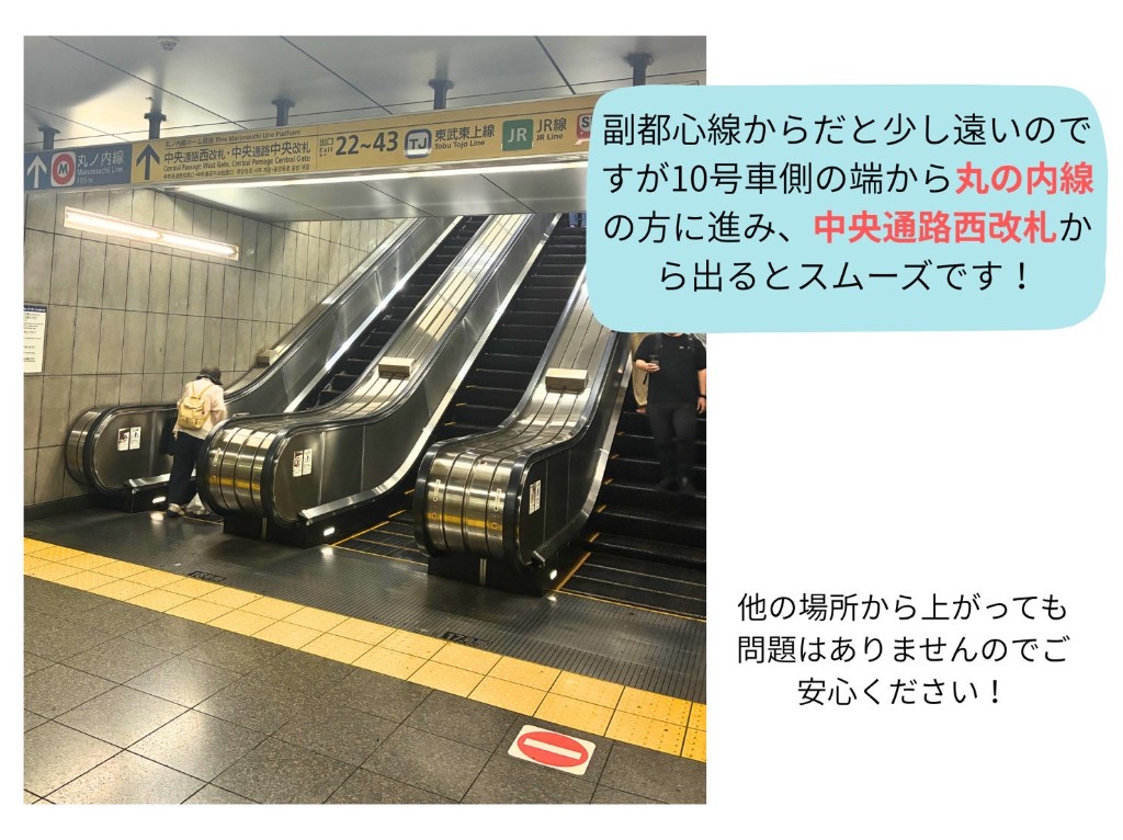 池袋駅構内のエスカレーター。副都心線から丸の内線方面・中央通路西改札への案内看板が写っています。