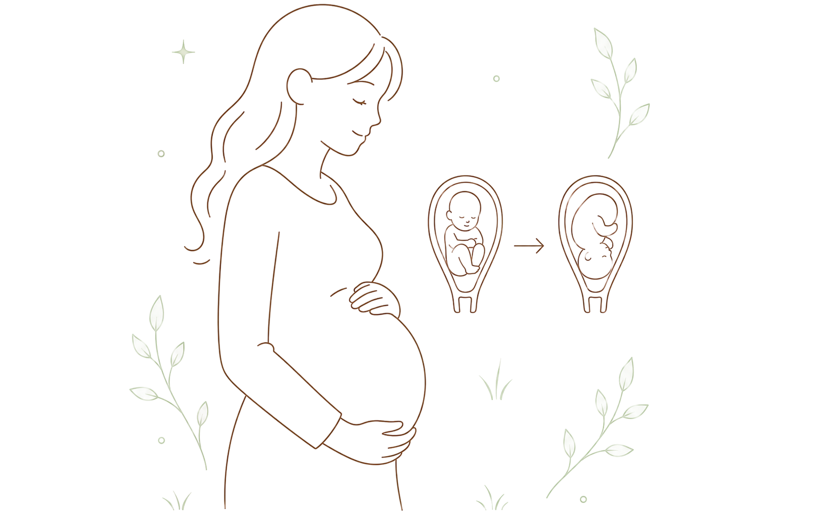 妊娠中の女性と、逆子から頭位へ胎児が回転する様子を示すイラスト。