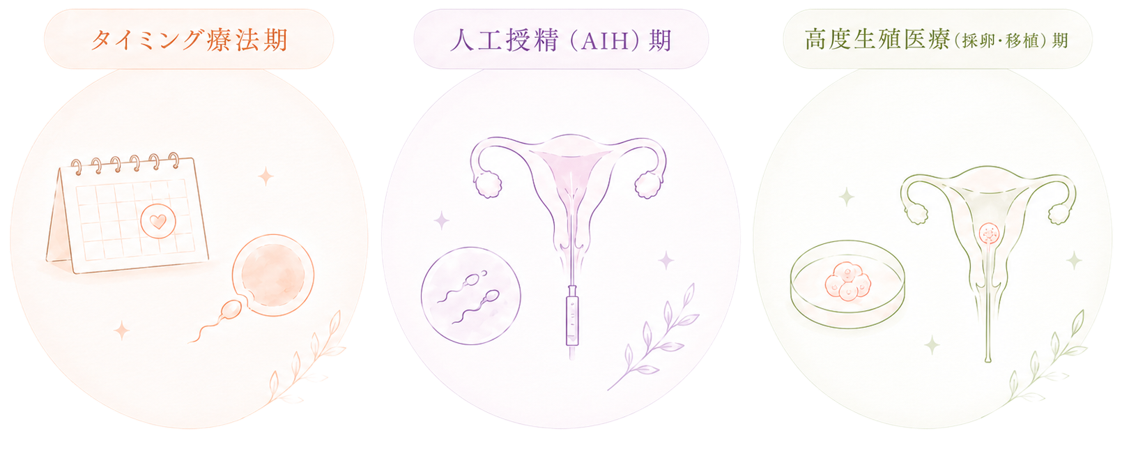 タイミング療法期・人工授精(AIH)期・高度生殖医療(採卵・移植)期を説明するイラスト。