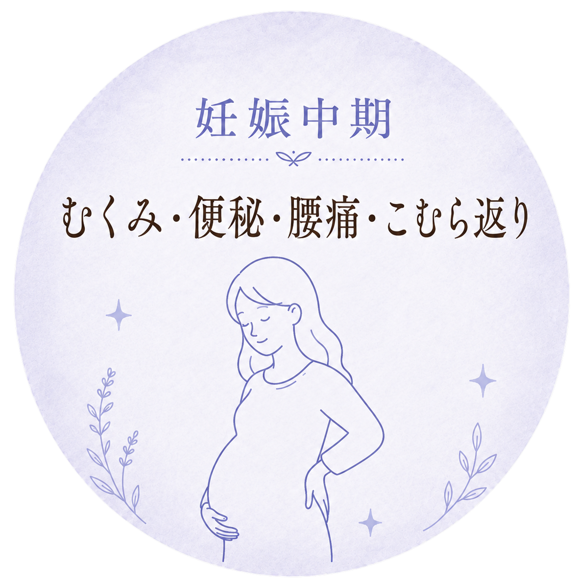 妊娠中期・むくみ・便秘・腰痛・こむら返りのイラスト。