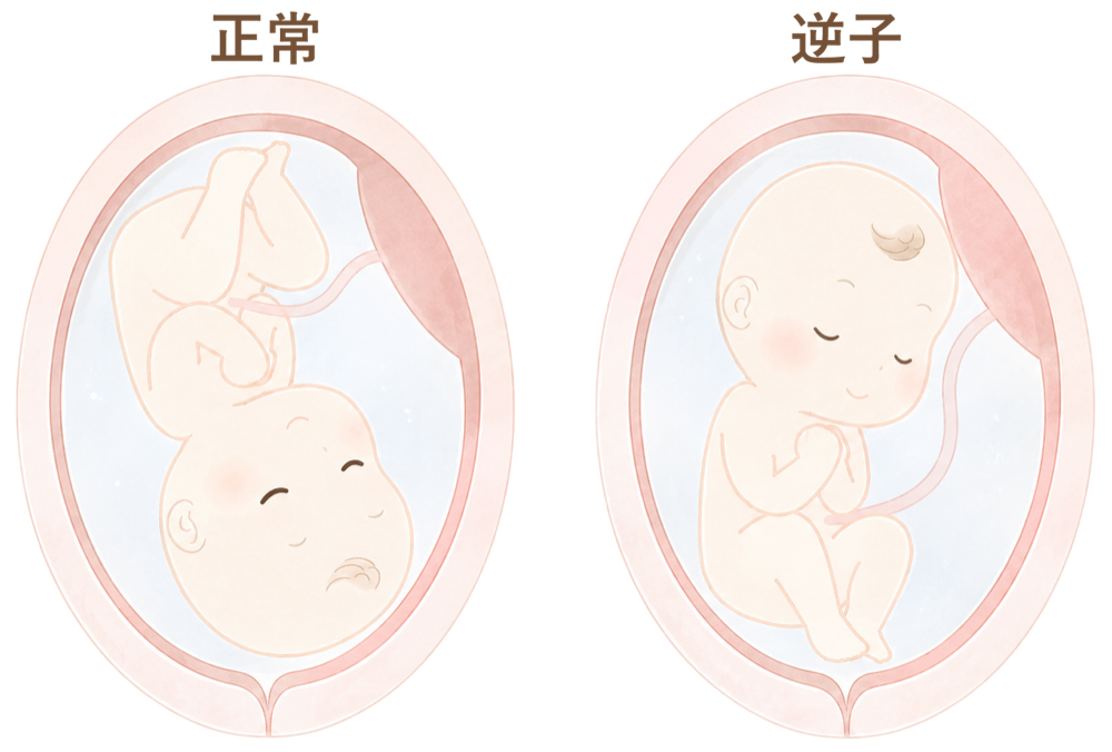 頭位(正常な胎位)と骨盤位(逆子)の違いを説明するイラスト。
