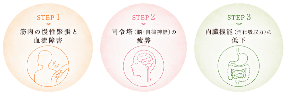 慢性的な不調が進行する3つのステップ(筋肉の慢性緊張と血流障害、司令塔の疲弊、内臓機能の低下)を表す図